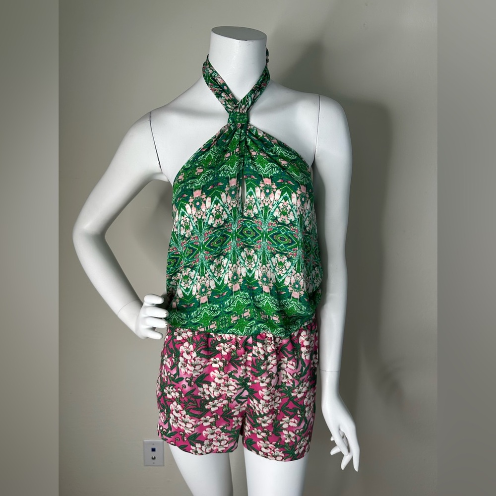 BCBGMAXAZRIA PINK GREEN FLORAL SHORTS ONE PIECE ROMPER WOMENS XS